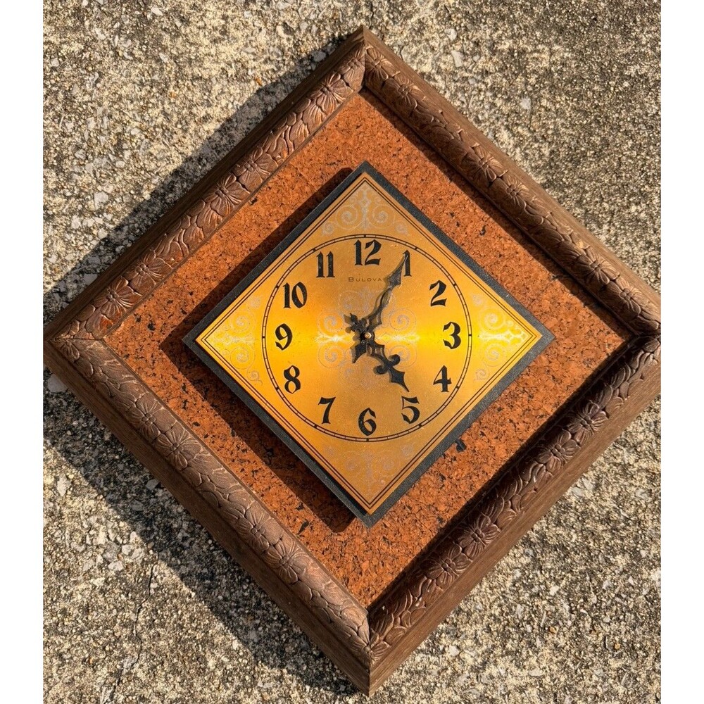 Vintage Bulova Electronic Wall Clock Made in Germany Carved Wood Cork Retro MCM